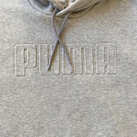 PUMA Womens Fleece Hoodie Gray Sweatshirt Embossed Logo Kangaroo Pocket - Picture 4 of 9